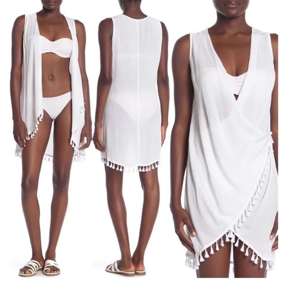 NWT-Athena White Swim Cover-Up with Deep V-Neck and Tassel Trim M - Picture 7 of 7